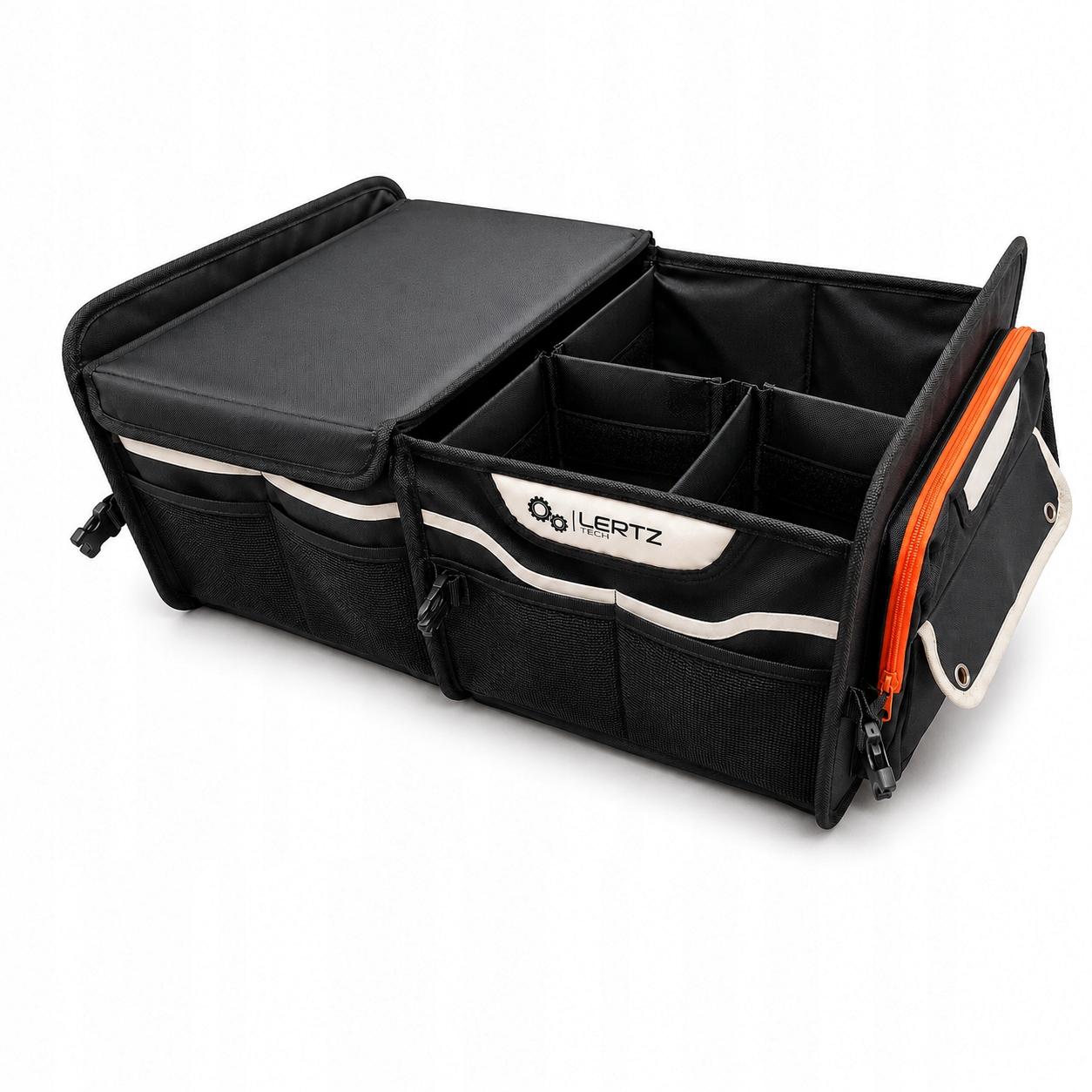 Skladací organizér do kufra LERTZ 56L – vystužený auto organizér, priehradky, suchý zips, karabíny, skladací kufrový box